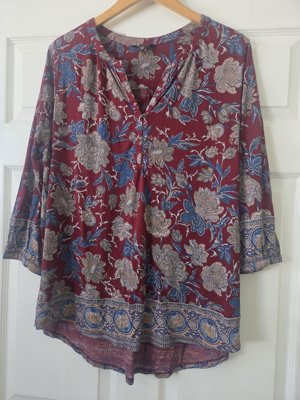 Women’s Floral Henley Blouse - Burgundy 1X